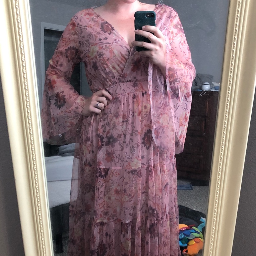 Floor length blush long sleeve floral dress